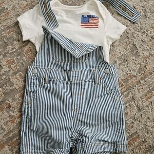 Striped Blue Short Overalls for Kids - White Tee Included